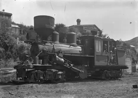 "Climax" locomotive at Mangapehi, in 1920 on Ellis & Burnand tramway.