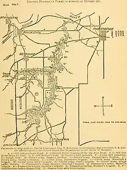 Map showing, from east to west, Independence, the course of the Big Blue River, and the Missouri/Kansas state line