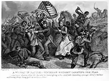 Woman waving US flag surrounded by soldiers fighting.