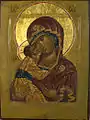 "Theotokos" "Eleusa" (Merciful) egg tempera, gold leaf on wood, sm 32x24