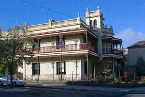 Wardlow, Parkville, Victoria; built 1888. Italianate mansion with canted verandah screens.