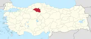 Çankırı highlighted in red on a beige political map of Turkeym