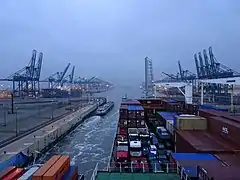 Passage of a lock at the port of Antwerp, seen from the deck of a container ship.