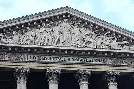 Detail of the pediment sculpture "The Last Judgement" by Philippe Joseph Henri Lemaire His sculpture is also prominent on the Arc de Triomphe.