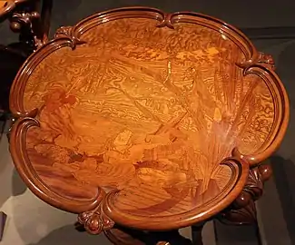 Marquetry table top with damselfly design (1900) (Fin de Siècle Museum, Brussels)