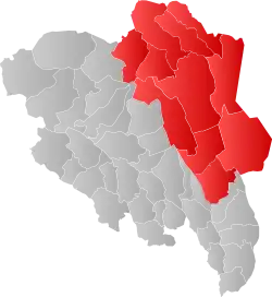 Map of Innlandet county with Østerdalen highlighted in red