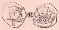 Drawing of both faces of a coin side by side, with a simple frontal portrait of a man's head on each side.