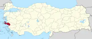 İzmir (I) highlighted in red on a beige political map of Turkeym