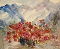 "Bouquet, poppies, blue mountains", (111.5х90, 1995)