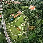 Aerial view of the castle and park in Dzików