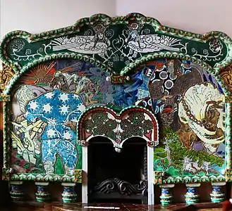 Maiolica fireplace "Volga and Mikula". Art Nouveau decor by Mikhail Vrubel, 1899