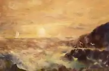"Sea, yacht, rocks, sunset", (68.5х46, 2000)