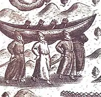 Russian fishermen carrying a strug boat, 16th century.