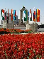 The flags of the Commonwealth of Independent States situated in front of the Somoni statue ahead of the Dushanbe CIS summit in September 2018.