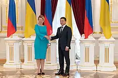 Present Presidents Zuzana Čaputová of Slovakia and Volodymyr Zelenskyy of Ukraine in 2019