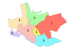 Administrative map of Zaporizhzhia; the Khortytskyi District is indicated by the number 6.