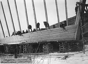 Hull planking. The hull is placed on stands, called 'gorodok' (Russian: городок), that allow easy access to every part of it.