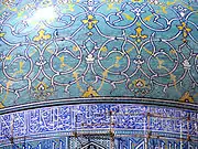 Arabesque and calligraphic decoration on tile-covered dome of Shah Mosque in Isfahan (17th century, Safavid period)
