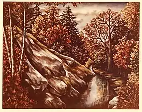 Autumn in Bar Harbor Maine, oil on wood, Nov. 1955.