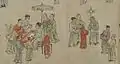 A community in Yuan dynasty; some of the hats and clothing of these figures appear to be Mongol-style; from the painting Street Scenes in Times of Peace (Chinese: 太平風會圖), Yuan dynasty 14th century.