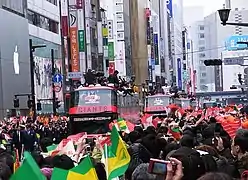 A celebrate with Giants supporters for NPB championship parade in November 2009