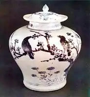Pot with blue painted pattern of plum blossom, birds and bamboo (National Treasure No. 170)