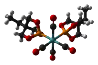 Ball-and-stick model of the bis(trimethylolpropane phosphite)molybdenum tetracarbonyl complex