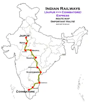 (Jaipur - Coimbatore) Express route map