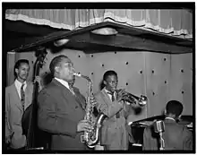 Jordan (seated), in the Charlie Parker Quintet at the Three Deuces in 1947. (photo William P. Gottlieb)