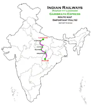 (Raipur - Lucknow) Garib Rath Express route map