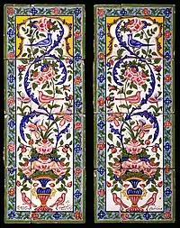 Tiles painted with polychrome glazes over a white glaze.