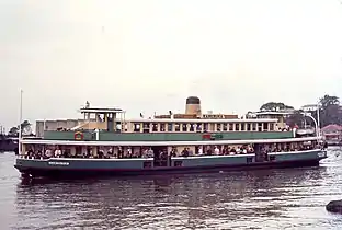 Kameruka in her Sydney Harbour Transport Board livery leaving Valentia Street wharf. 1971