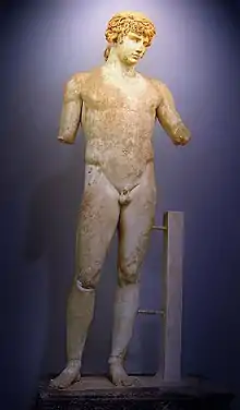 Statue of Antinous (Delphi), depicting Antinous, polychrome Parian marble, made during the reign of Hadrian (r. 117-138 AD)