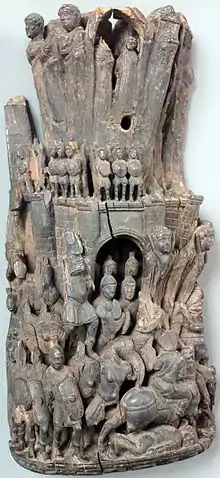 Boxwood relief depicting the liberation of a besieged city by a relief force, with those defending the walls making a sortie; Western Roman Empire, early 5th century AD