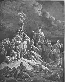 Moses erects the Bronze Serpent (Num. 21:4-9). (Gustave Doré).