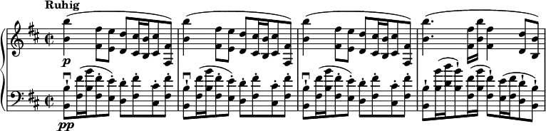 
{ \new PianoStaff <<
\new Staff \relative b' { \set Score.tempoHideNote = ##t \tempo "Ruhig" 2 = 48 \set Staff.midiInstrument = #"piano" \key b \minor \clef treble \time 2/2
  <b b'>4 \p ( <fis fis'>8 <e e'>8 <d d'>8 <cis cis'>16 <b b'>16 <cis
  cis'>8 <fis, fis'>8 ) \noBreak | % 2
  <b' b'>4 ( <fis fis'>8 <e e'>8 <d d'>8 <cis cis'>16 <b b'>16 <cis
  cis'>8 <fis, fis'>8 ) \noBreak | % 3
  <b' b'>4 ( <fis fis'>8 <e e'>8 <d d'>8 <cis cis'>16 <b b'>16 <cis
  cis'>8 <fis, fis'>8 ) \noBreak | % 4
  <b' b'>4. ( <fis fis'>16 <b b'>16 <fis fis'>4 <d d'>8 <b b'>8 ) }
\new Staff \relative b, { \set Staff.midiInstrument = #"piano" \key b \minor \clef bass \time 2/2
  <b b'>8 \pp -! \downbow <fis'
  fis'>16 ( <b b'>16 <fis fis'>8 -. <e e'>8 ) -. <d d'>8 -. <fis
  fis'>8 -. <cis cis'>8 -. <fis fis'>8 -. | % 2
  <b, b'>8 -! \downbow <fis' fis'>16 ( <b b'>16 <fis fis'>8 -. <e e'>8
  ) -. <d d'>8 -. <fis fis'>8 -. <cis cis'>8 -. <fis fis'>8 -. | % 3
  <b, b'>8 -! \downbow <fis' fis'>16 ( <b b'>16 <fis fis'>8 -. <e e'>8
  ) -. <d d'>8 -. <fis fis'>8 -. <cis cis'>8 -. <fis fis'>8 -. | % 4
  <b, b'>8 -! <b' b'>16 ( <d d'>16 <b b'>8 ) -! <fis fis'>16 ( <b b'>16
  <fis fis'>8 ) -! <e e'>16 ( <fis fis'>16 <d d'>8 -! <b b'>8 ) -! }
>> }
