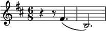 
\relative c' { \set Staff.midiInstrument = #"Clarinet"
  \key d \major
  \time 6/8
  r4 r8 fis4.( | b,2.)
}
