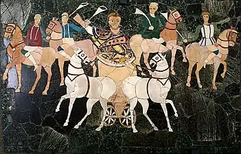 Two-horse chariot bearing the presiding magistrate at a pompa circensis ("circus parade"), from the Basilica of Junius Bassus