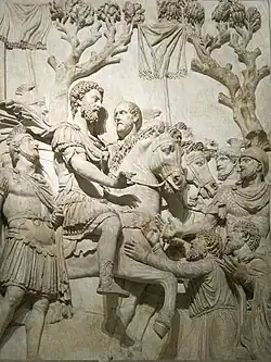 Marcus Aurelius receiving the submission of vanquished foes from the Marcomannic Wars, a relief from his now destroyed triumphal arch in Rome, Capitoline Museums, 177-180 AD