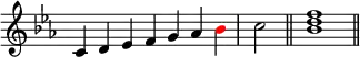 
{
\override Score.TimeSignature #'stencil = ##f
\relative c' {
  \clef treble \key c \minor
  \time 7/4 c4 d es f g aes \once \override NoteHead.color = #red bes \time 2/4 c2 \bar "||"
  \time 4/4 <bes d f>1 \bar "||"
} }
