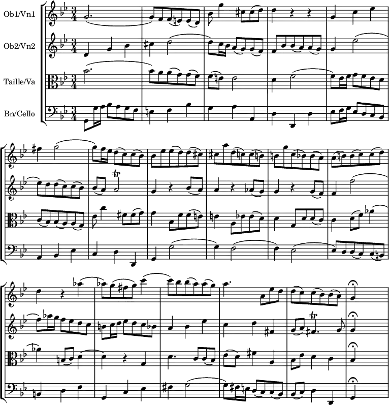 
\new StaffGroup <<
\override Score.BarNumber #'transparent = ##t
\new Staff  \with { instrumentName = "Ob1/Vn1" } \transpose c c'
  {\clef treble
  \key g \minor
  \time 3/4
  \set Staff.midiInstrument = "oboe"
  g2. (| g8) f f(e) e (d)| bes g'4 cis'8 cis' (d') | d'4 r r | g c' es' | fis' g'2 ( |
  g'8) f'16 es' d'8 (c') c' (bes)  | bes es' es' (d') d' (cis')| cis' a' d'(c') c' (b) |
  b g' c' (bes) bes (a)| a (b) b(c') c'(d')| d'4 r aes'( | aes'8) g'( fis' g') c''4( |
  c''8) bes' bes'(a') a'(g') | a'4. a8 es' d' | d' (c') c' (bes) bes (a) | g4\fermata s s | }
 \new Staff \with { instrumentName = "Ob2/Vn2" }  \transpose c c'
  {\clef treble
  \time 3/4
  \key g \minor
  \set Staff.midiInstrument = "viola"
  d4 g bes | cis' d'2 (| d'8) c'16 bes a8 (g) g (f) | f bes bes (a) a (g) | g4 es'2 ( |
  es'8) d' d' (c') c' (bes) | bes (a) a2\trill | g4 r bes8 (a) | a4 r aes8 (g) | g4 r g8 (f) |
  f4 f'2 ( | f'8) aes'16 g' f'8 es' d' c' | b c'16 d' es'8 d' c' bes | a4 bes es' |
  c' d' fis | g8 (a) fis4.\trill g8 | g4\fermata  s s| }
  \new Staff\with { instrumentName = "Taille/Va" }  \transpose c c'
  {\clef alto
  \key g \minor
  \time 3/4
  \set Staff.midiInstrument = "english horn"
  bes2.( | bes8) a a (g) g(f) | f (e) e2 | d4 f2 ( | f8) es16 f g8 f es d | c (bes,) bes, (a,) a, (g,) |
  es8 c'4 fis8 fis (g) | g4 bes,8 f f(e) | e4 a,8 es es (d) | d4 g,8 d d (c) |
  c4 d8 (f) aes4 ( | aes) b,8 (c) d4 ( | d) r g, | d4. c8 c (bes,) | es (d) fis4 a, |
  bes,8 es d4 c | bes,\fermata s s| }
\new Staff \with { instrumentName = "Bn/Cello" } {
  \clef bass
  \key g \minor
  \time 3/4    
  \set Staff.midiInstrument = "bassoon"
  g,8 g16 a bes8 a g f | e4 f bes | g a a, | d d, d | es8 f16 g es8 d c bes, | a,4 bes, es |
  c d d, | g, g2 (| g4) f2 ( | f4) es2 ( | es8) d d (c) c (b,)| b,4 d f | g, c es |
  fis g2 ( | g8) fis16 e d8 (c) c (bes,) | bes, (c) d4 d, | g,\fermata s s | }
  >>
  \layout { indent =  2\cm }
  \midi {\tempo 4 = 72 }
