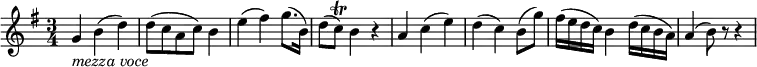  { \tempo 4 = 66 \set Score.tempoHideNote=##t \set Staff.midiInstrument = "violin" \relative g' { \key g \major \time 3/4
g4 _\markup{ \italic "mezza voce" } b( d) | d8( c a c) b4 | e4( fis) g8.( b,16) | d8( c) \trill b4 r |
a4 c( e) | d4( c) b8( g') | fis16( e d c) b4 d16( c b a) | a4( b8) r r4 }}
\layout { \context { \Score \override SpacingSpanner.common-shortest-duration = #(ly:make-moment 1/8) }} 