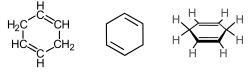 Skeletal formula with all implicit hydrogen shown, skeletal formula; stereo, skeletal formula with all explicit hydrogens added, all of 1,4-cyclohexadiene