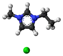 Ball-and-stick model of the component ions of 1-ethyl-3-methylimidazolium chloride