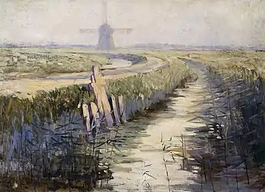 Oil painting of a landscape looking up a curved road on a clear day. A canal is to the road's left, and a windmill can be seen silhouetted in the background.