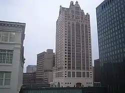 100 East Wisconsin rises tall with several other buildings visible along the river.