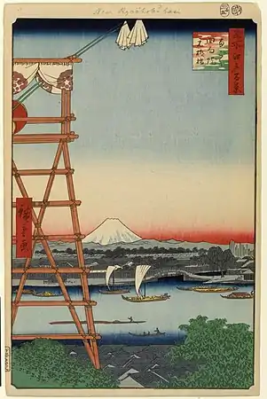 An ukiyo-e print by Utagawa Hiroshige, showing the Ekō-in's tower for the drum roll signifying the start of a sumo tournament, from 100 Famous Views of Edo.