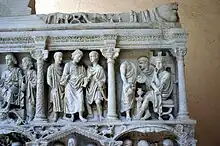 Cast of Christ's trial before Pilate, with Pilate about to wash his hands.  Detail from the Early Christian Sarcophagus of Junius Bassus (d. 359)