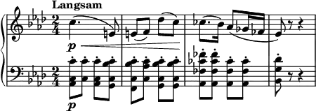 
\relative c'' {
  \new PianoStaff <<
    \new Staff {
      \set Staff.midiInstrument = #"piano" \key aes \major \clef treble \time 2/4 \set Score.tempoHideNote = ##t \tempo "Langsam" 4 = 45
      c4. \p \< (e,8) |
      e8 (f8) des'8 ( c8 \! ) |
      ces8. (bes16) as8 ( ges16 fes16 |
      es8) r8 r4 |
    }
    \new Staff {
      \clef bass \key aes \major
      < as,, c c'>8 \p -. <c c'>8 -. < as c c'>8 -. < g c bes' c>8 -. |
      < f c' bes' c>8 -. <c' as' c>8 -. < g c bes' c>8 -. < g c bes' c>8 -. |
      < as fes' ces' fes>8 -. < as fes' ces' fes>8 -. < as fes' ces'>8 -. < as fes' ces'>8 -. |
      < bes g' des'>8 -. r8 r4 |
    }
  >>
}
