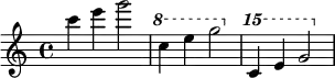  {
\relative c''' {
   \clef treble 
   \time 4/4
   \key c \major
   c4 e g2
   \ottava #1 c,4 e g2
   \ottava #2 c,4 e g2
} }
